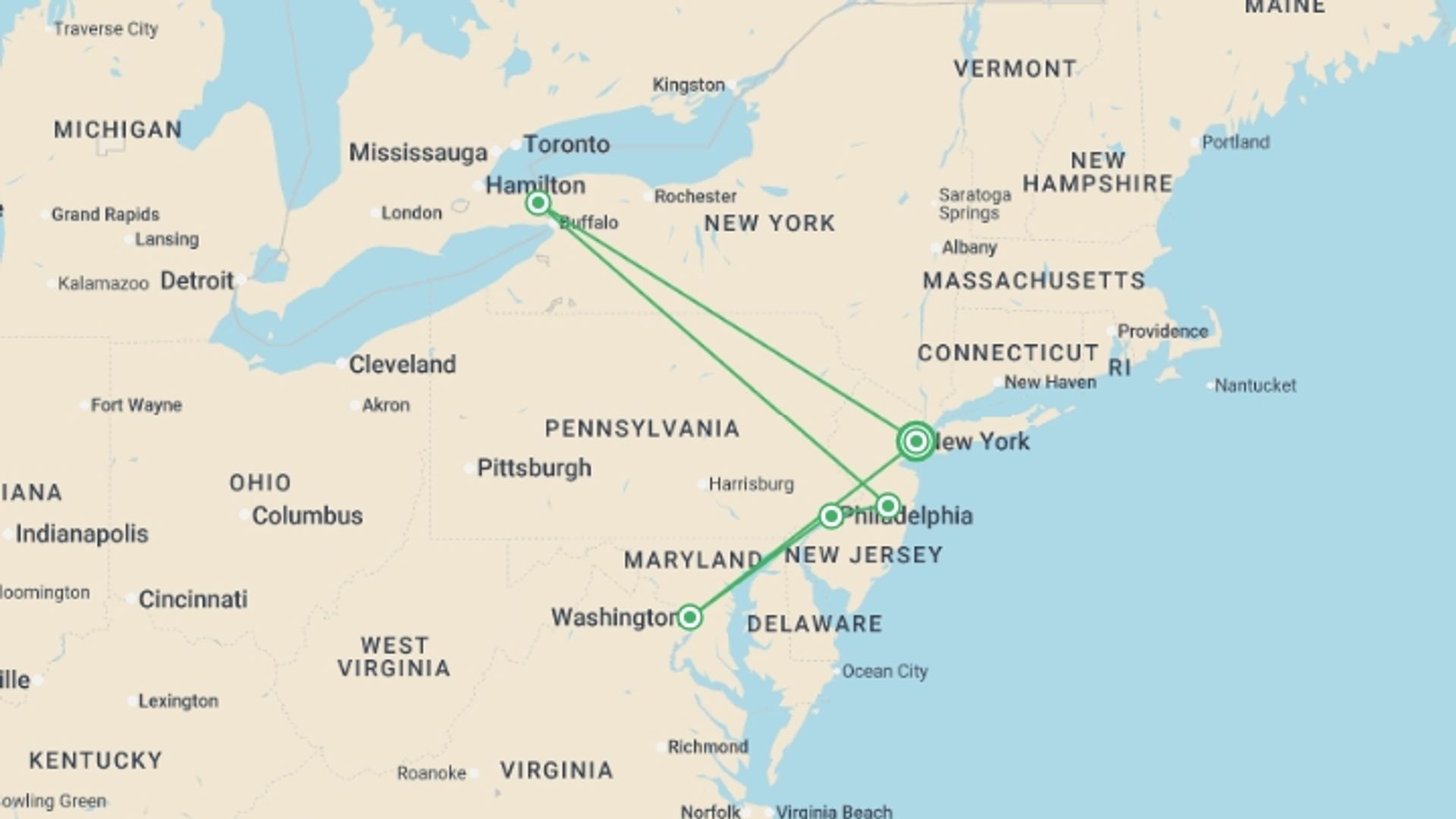 A map showing the tour itinerary for the trip: Niagara, Philly & Washington - 4 days, starting in New York, USA and ending in New York, USA going through 3 other destinations.