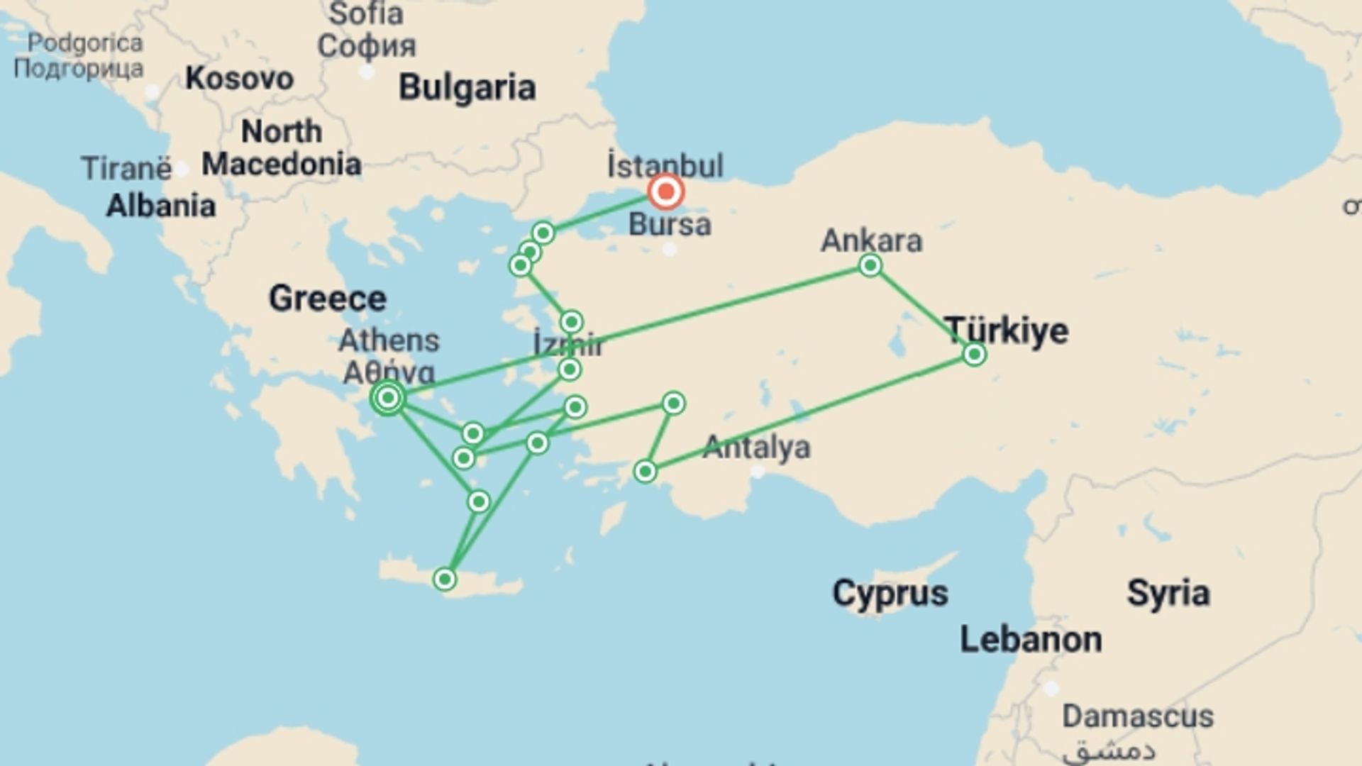 A map showing the tour itinerary for the trip: Best Of Greece And Turkey With 2-day Cruise (small Group), starting in Athens, Greece and ending in Istanbul, Turkey going through 9 other destinations.