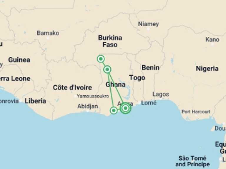 Map of a Wildlife Tour with 5 destination visits for the trip: 7 days Ghana Safari Tour