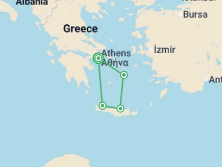 Map of Europe Tour with 4 destination visits for the trip: Gems of Greece: Athens, Naxos, Crete