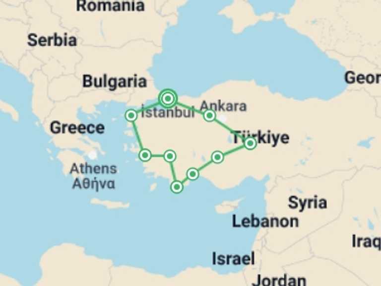 Map of 15-Day Europe Tour with 9 destination visits for the trip: Turkey Encompassed