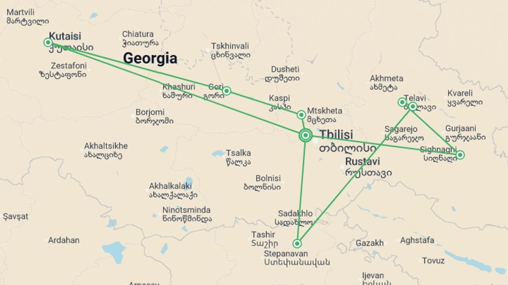 A map showing the tour itinerary for the trip: Georgia Winter Explorer - 7 days , starting in Tbilisi, Georgia and ending in Tbilisi, Georgia going through 2 other destinations.