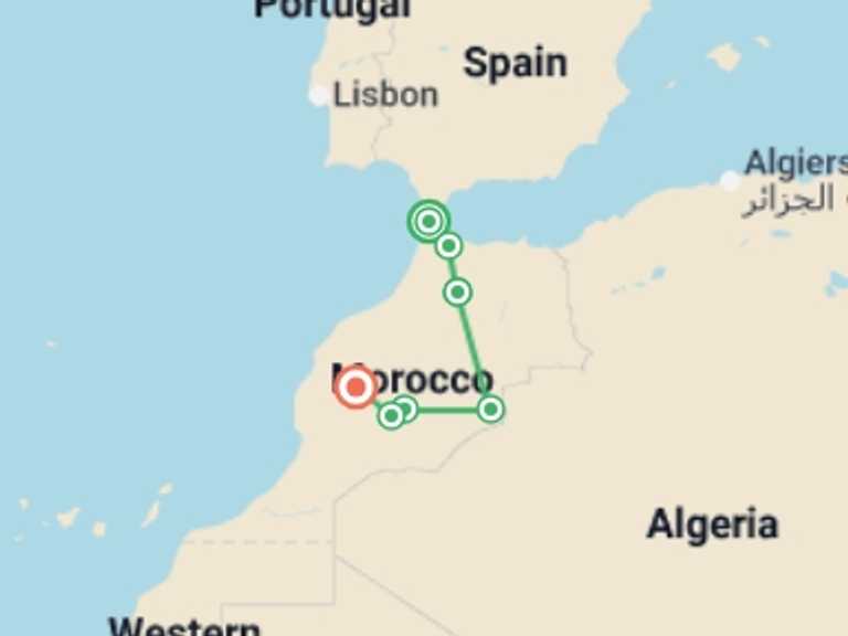 Map of 8-Day Marrakech Tour with 6 destination visits for the trip: Tangier to Marrakech - 8 days