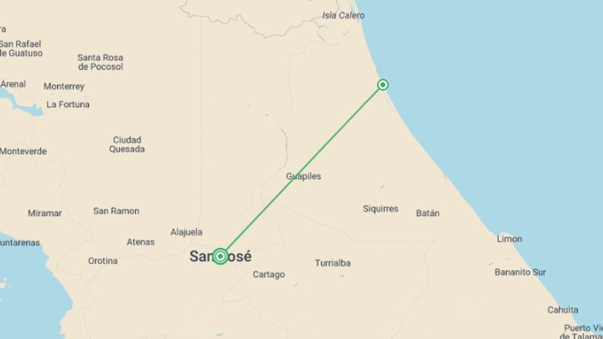 A map showing the tour itinerary for the trip: Tortuguero National Park Adventure 4D/3N, starting in San Jose, Costa Rica and ending in San Jose, Costa Rica going through 2 other destinations.