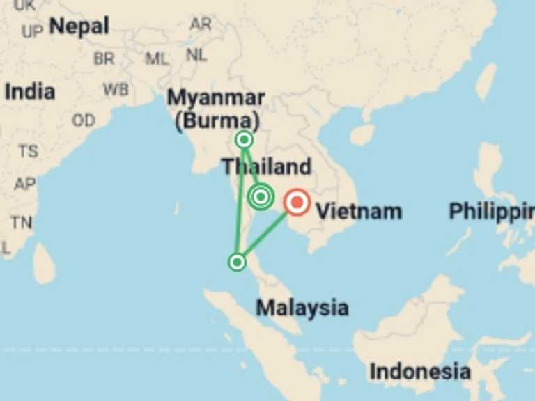 Map of Chiang Mai Tour with 4 destination visits for the trip: Best of Thailand & Angkor Wat (4 Star) - 12 days