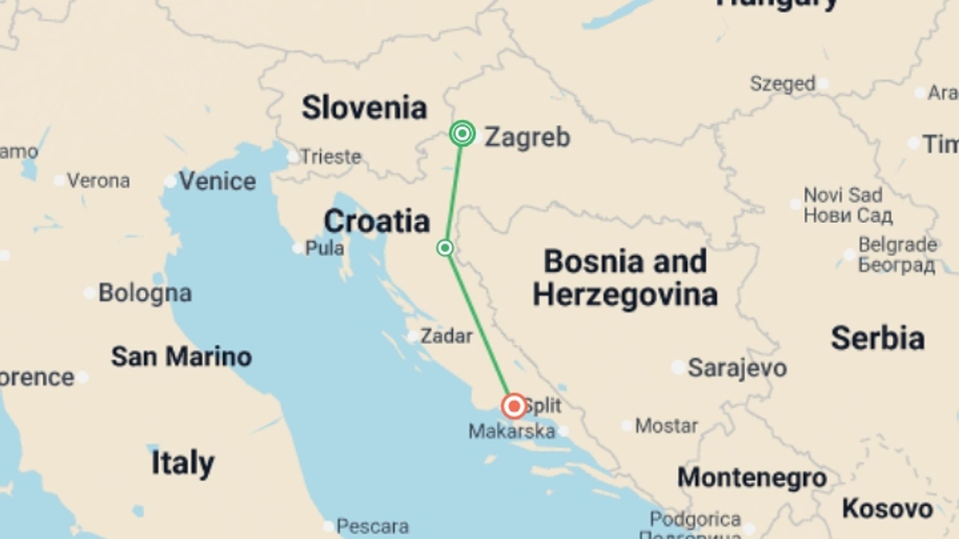 A map showing the tour itinerary for the trip: Zagreb to Split - 4 Days, starting in Zagreb, Croatia and ending in Split, Croatia going through 0 other destinations.