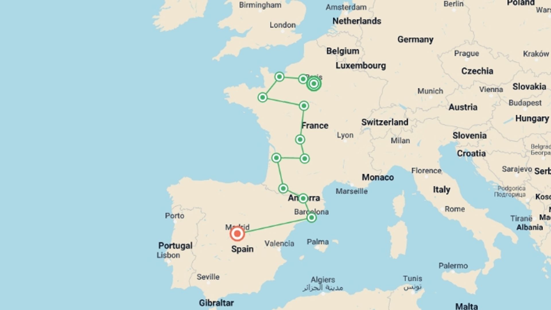 A map showing the tour itinerary for the trip: Wonders of France and Spain, starting in Paris, France and ending in Madrid, Spain going through 10 other destinations.