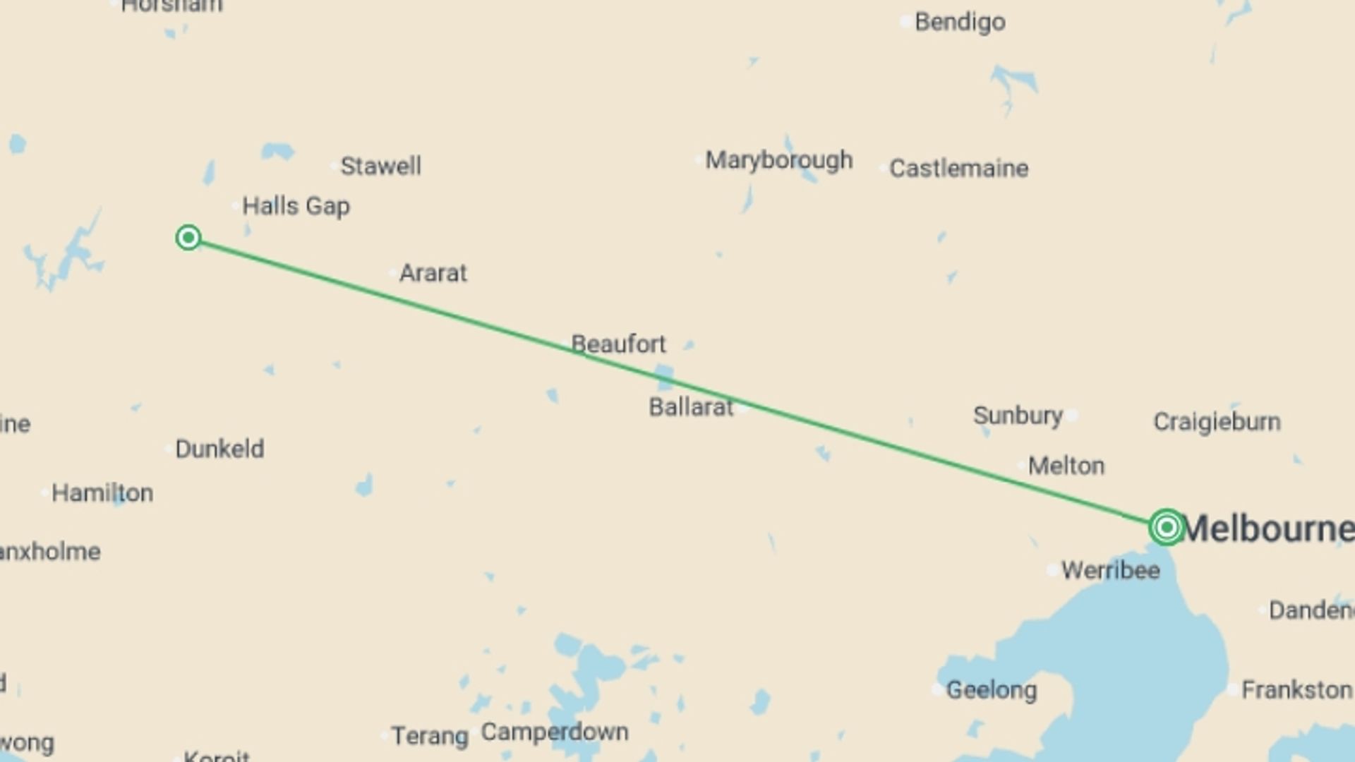 A map showing the tour itinerary for the trip: Walk the Grampians Peaks Trail, starting in Melbourne, Australia and ending in Melbourne, Australia going through 1 other destinations.