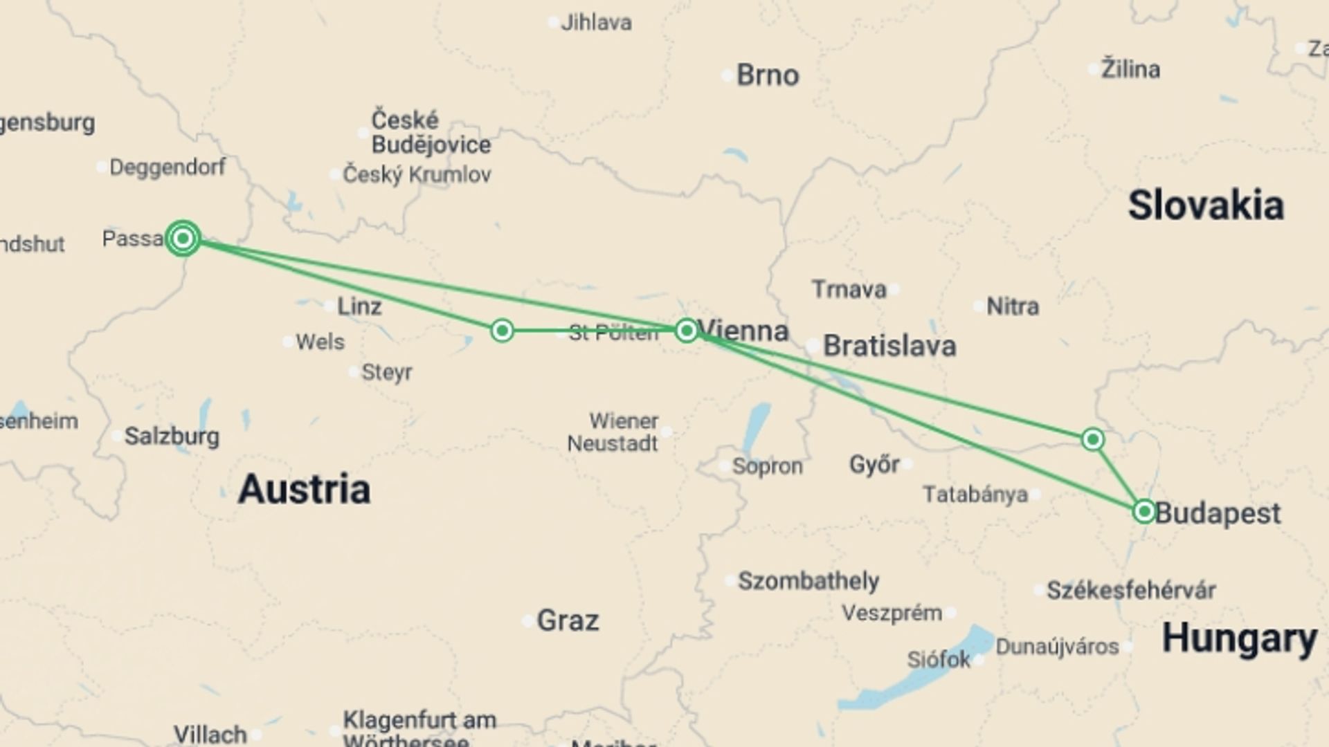 A map showing the tour itinerary for the trip: The beautiful blue Danube from Passau to Budapest (port-to-port cruise), starting in Passau, Germany and ending in Passau, Germany going through 3 other destinations.