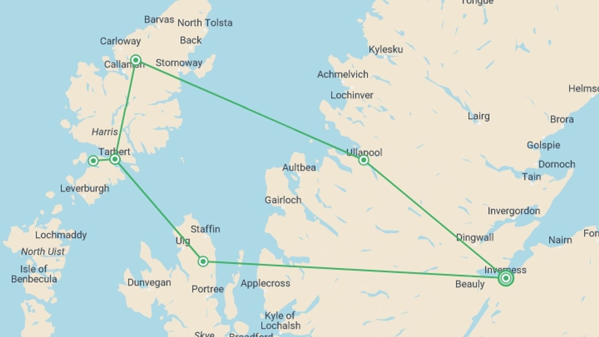 A map showing the tour itinerary for the trip: 9 Days / 8 Nights - Lewis & Harris Walking Adventure, starting in Inverness, Scotland and ending in Inverness, Scotland going through 5 other destinations.