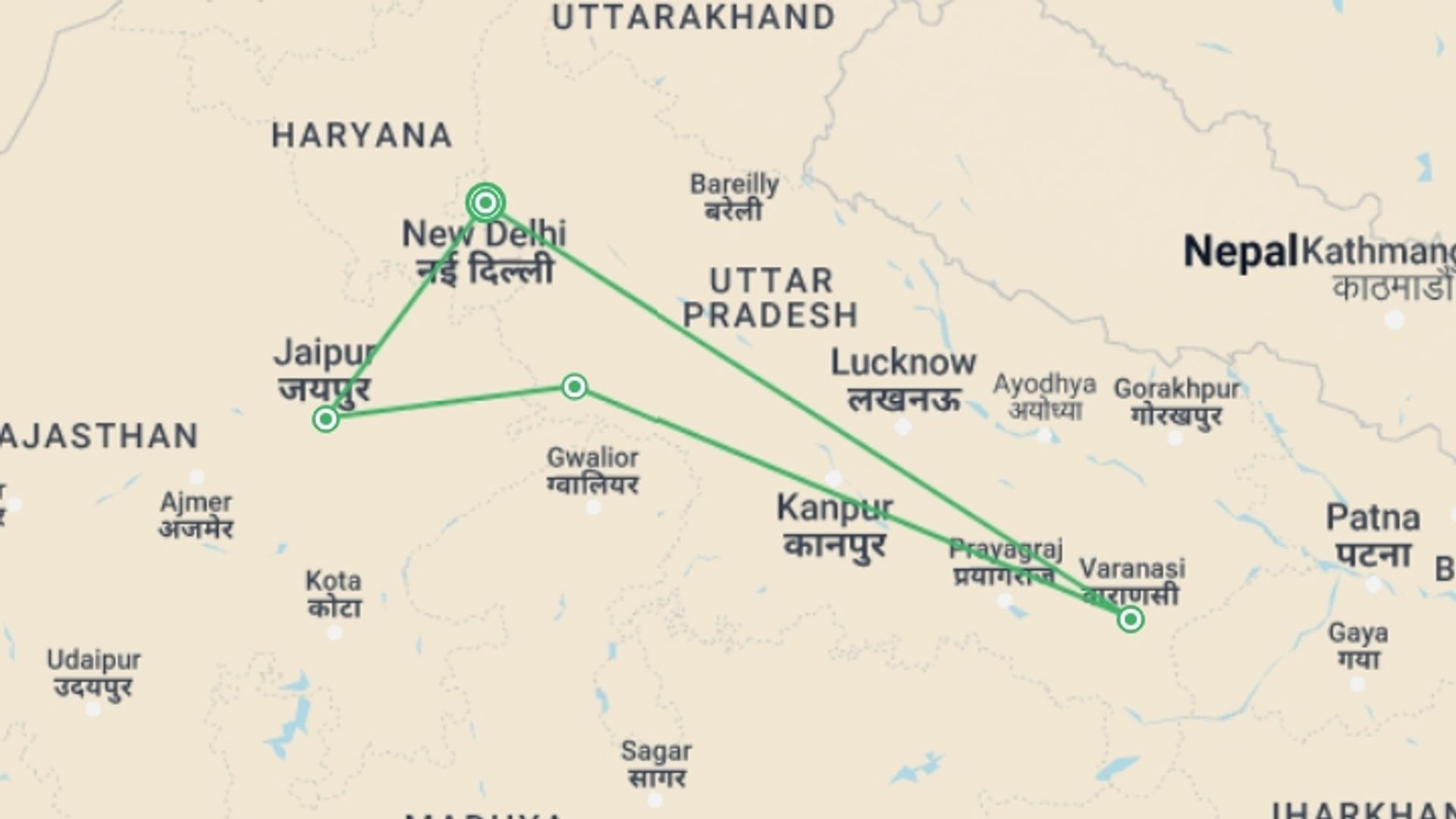 A map showing the tour itinerary for the trip: Golden Triangle Tour & Visit to Varanasi, starting in New Delhi, India and ending in New Delhi, India going through 4 other destinations.