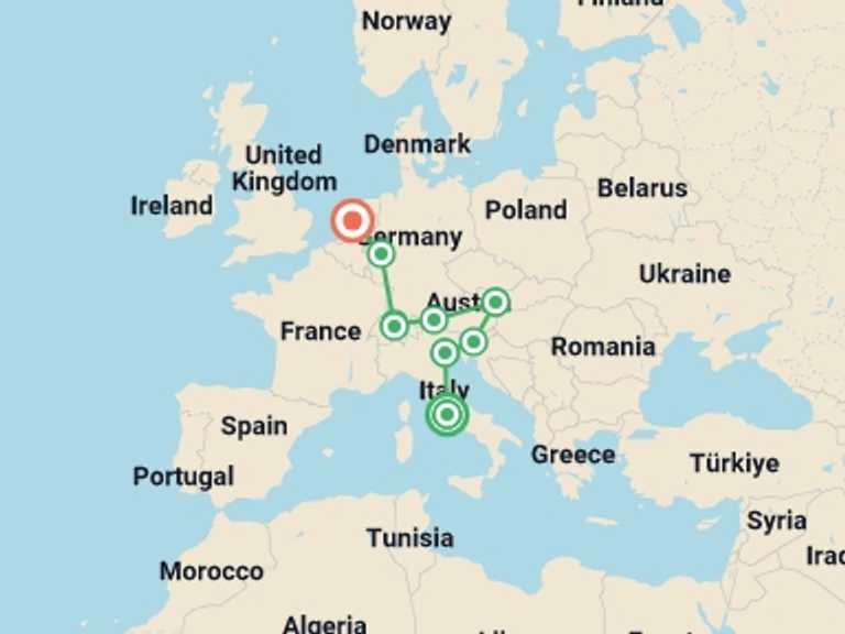 Map itinerary of Europe Tour in May 2026 with 9 destination visits for the trip: Splendid Europe