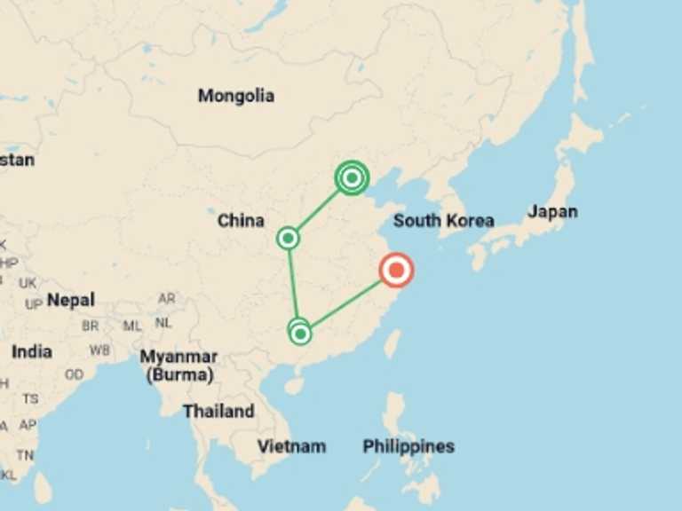 Map itinerary of China Tour in September 2026 with 5 destination visits for the trip: China Private Tour to Beijing, Xian, Guilin & Shanghai 