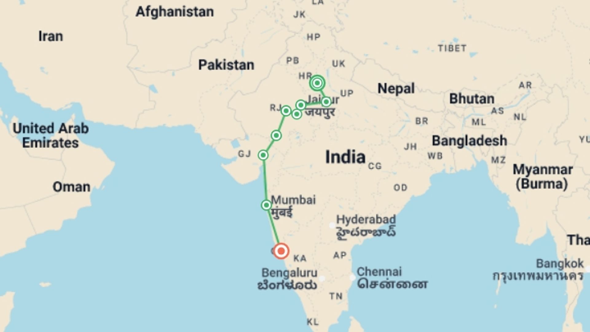 A map showing the tour itinerary for the trip: Uncover India: High Deserts & Markets, starting in New Delhi, India and ending in Goa, India going through 7 other destinations.