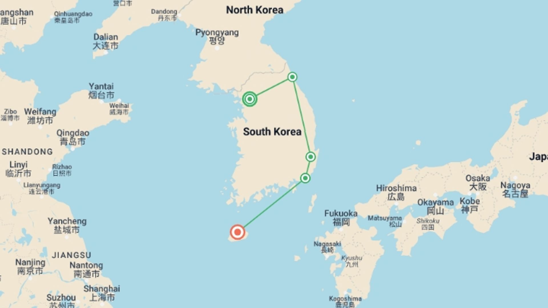 A map showing the tour itinerary for the trip: Exploring South Korea, starting in Seoul, South Korea and ending in Jeju, South Korea going through 4 other destinations.