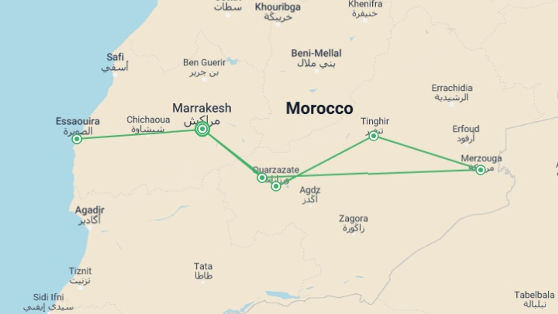 A map showing the tour itinerary for the trip: MARRAKECH to MARRAKECH (12 days) Souks, Sand Dunes, starting in Marrakech, Morocco and ending in Marrakech, Morocco going through 5 other destinations.