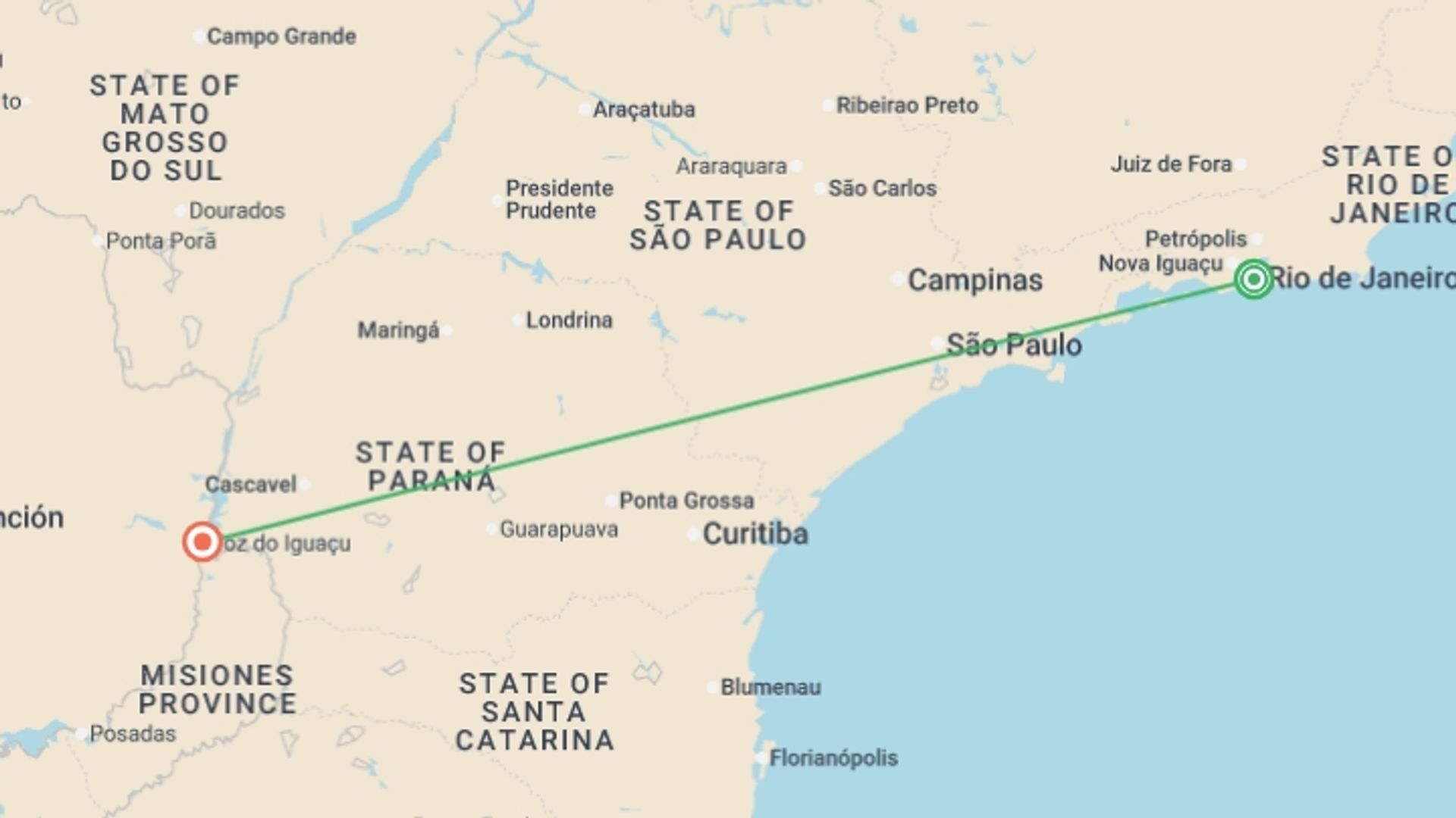 A map showing the tour itinerary for the trip: Highlights of Rio & Iguazu - 6 days, starting in Rio de Janeiro, Brazil and ending in Foz Do Iguacu, Brazil going through 1 other destinations.