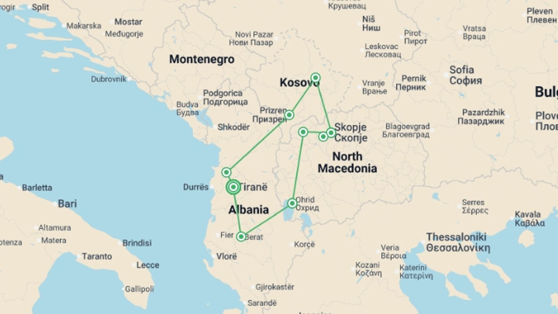 A map showing the tour itinerary for the trip: Balkan Treasures: Albania, North Macedonia and Kosovo, starting in Tirana, Albania and ending in Tirana, Albania going through 5 other destinations.