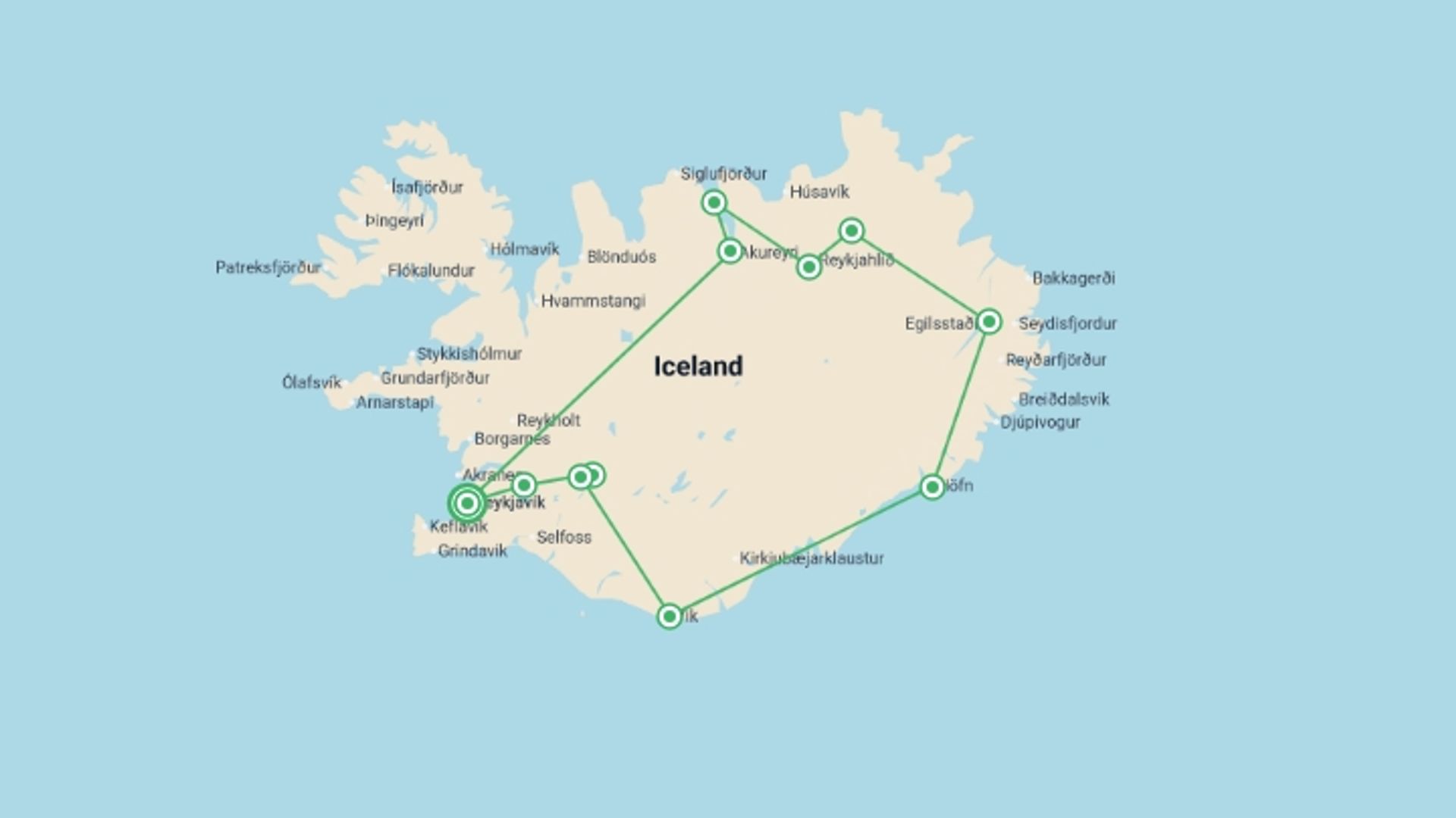 A map showing the tour itinerary for the trip: Iceland Winter Adventure, starting in Reykjavik, Iceland and ending in Reykjavik, Iceland going through 7 other destinations.