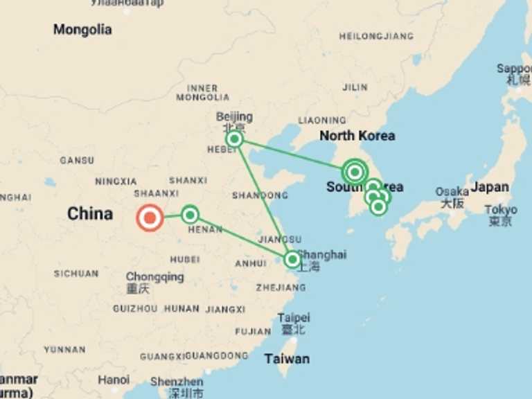 Map of 14-Day Shanghai Tour with 7 destination visits for the trip: Korea and the Golden Triangle in China