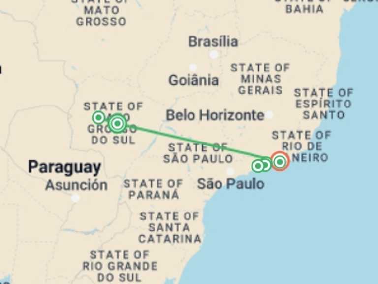 Map of a Honeymoon Tour with 6 destination visits for the trip: Discover Pantanal, Rio & Costa Verde