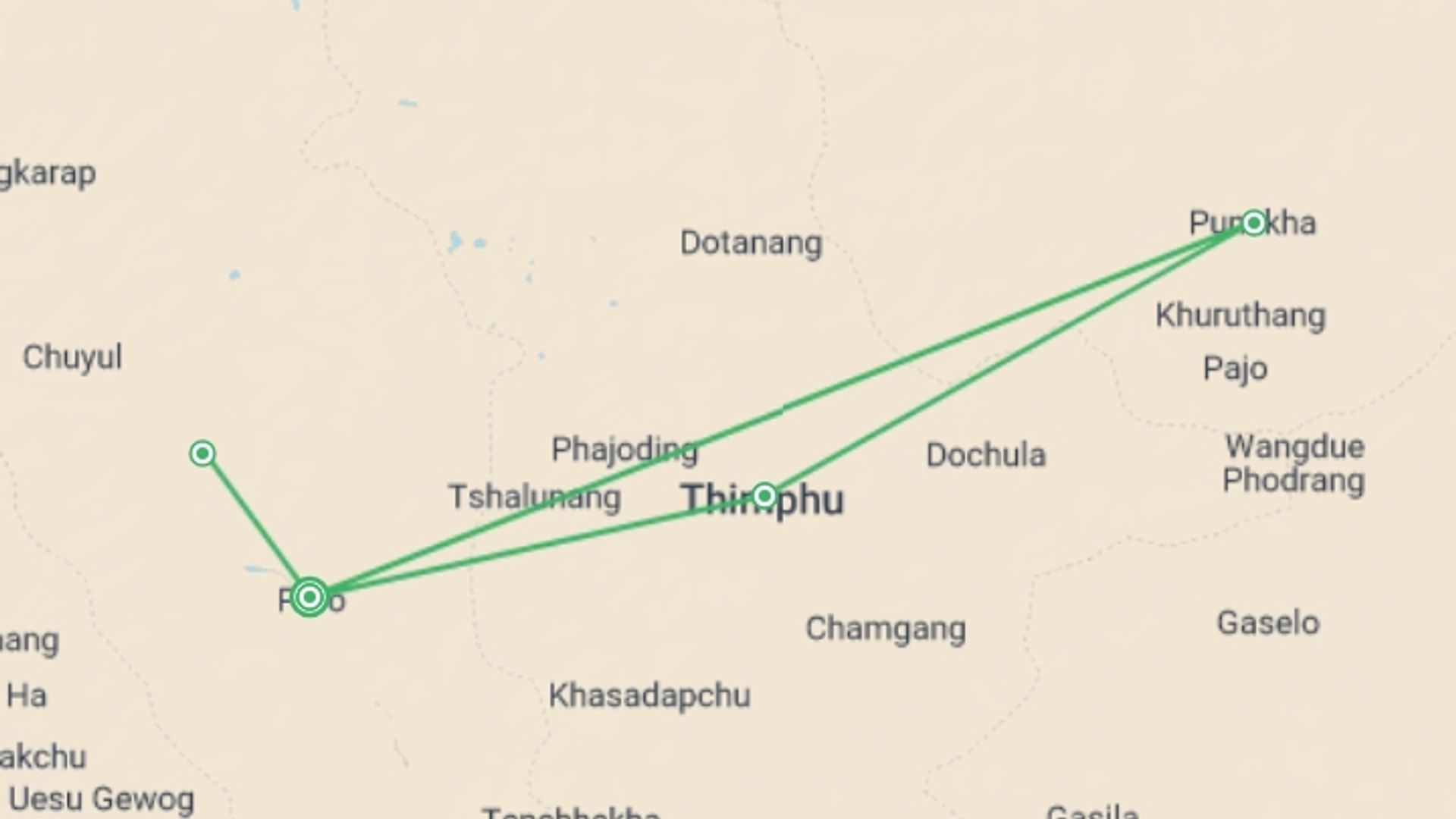 A map showing the tour itinerary for the trip: Bhutan, 6 Days Tour (on Request), starting in Paro, Bhutan and ending in Paro, Bhutan going through 2 other destinations.