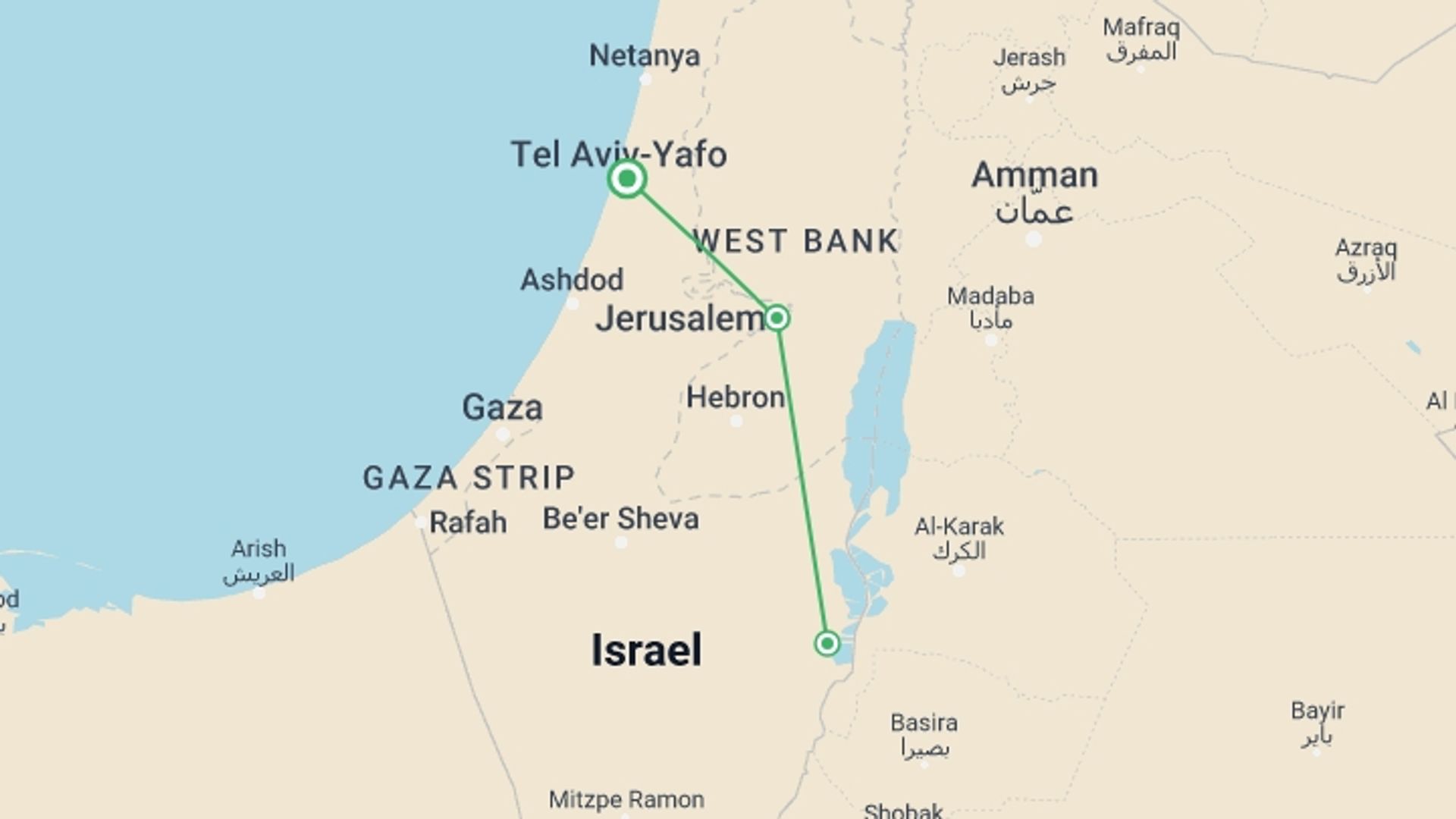 A map showing the tour itinerary for the trip: Jerusalem Tour And Dead Sea Spa, 2 Days From Tel Aviv, starting in Tel Aviv, Israel and ending in Tel Aviv, Israel going through 1 other destinations.