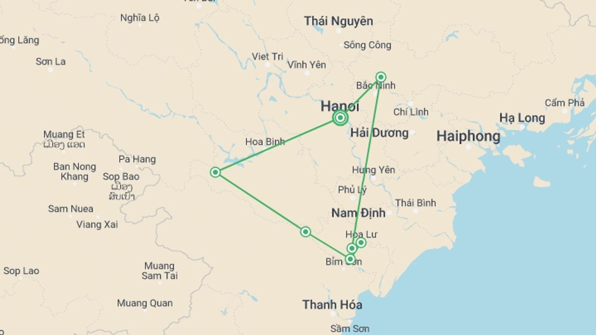 A map showing the tour itinerary for the trip: Cycling North Vietnam 4 Days 3 Nights, starting in Hanoi, Vietnam and ending in Hanoi, Vietnam going through 2 other destinations.