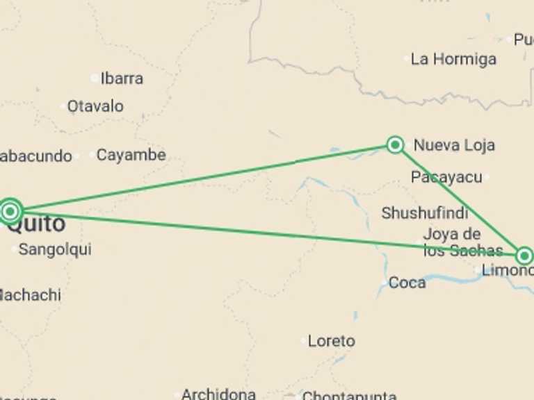 Map itinerary of South America Tour in June 2026 with 3 destination visits for the trip: Cuyabeno Amazon Eco-Lodge Adventure 5D/4N