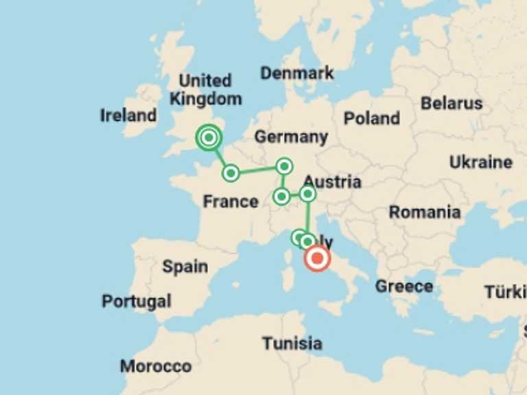 Map itinerary of Mediterranean Tour in June 2026 with 7 destination visits for the trip: Best of Western Europe