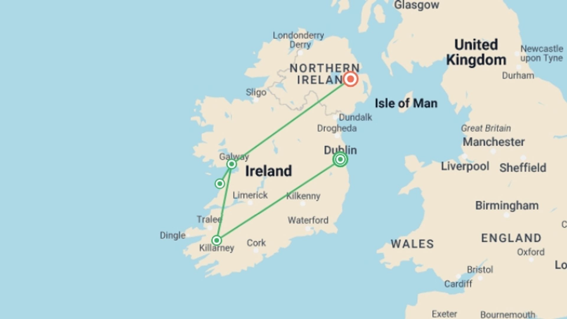 A map showing the tour itinerary for the trip: Highlights of Ireland, starting in Dublin, Ireland and ending in Belfast, Ireland going through 2 other destinations.