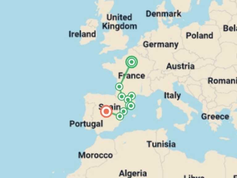 Map itinerary of Mediterranean Tour in October 2026 with 5 destination visits for the trip: Paris, Lourdes and Madrid