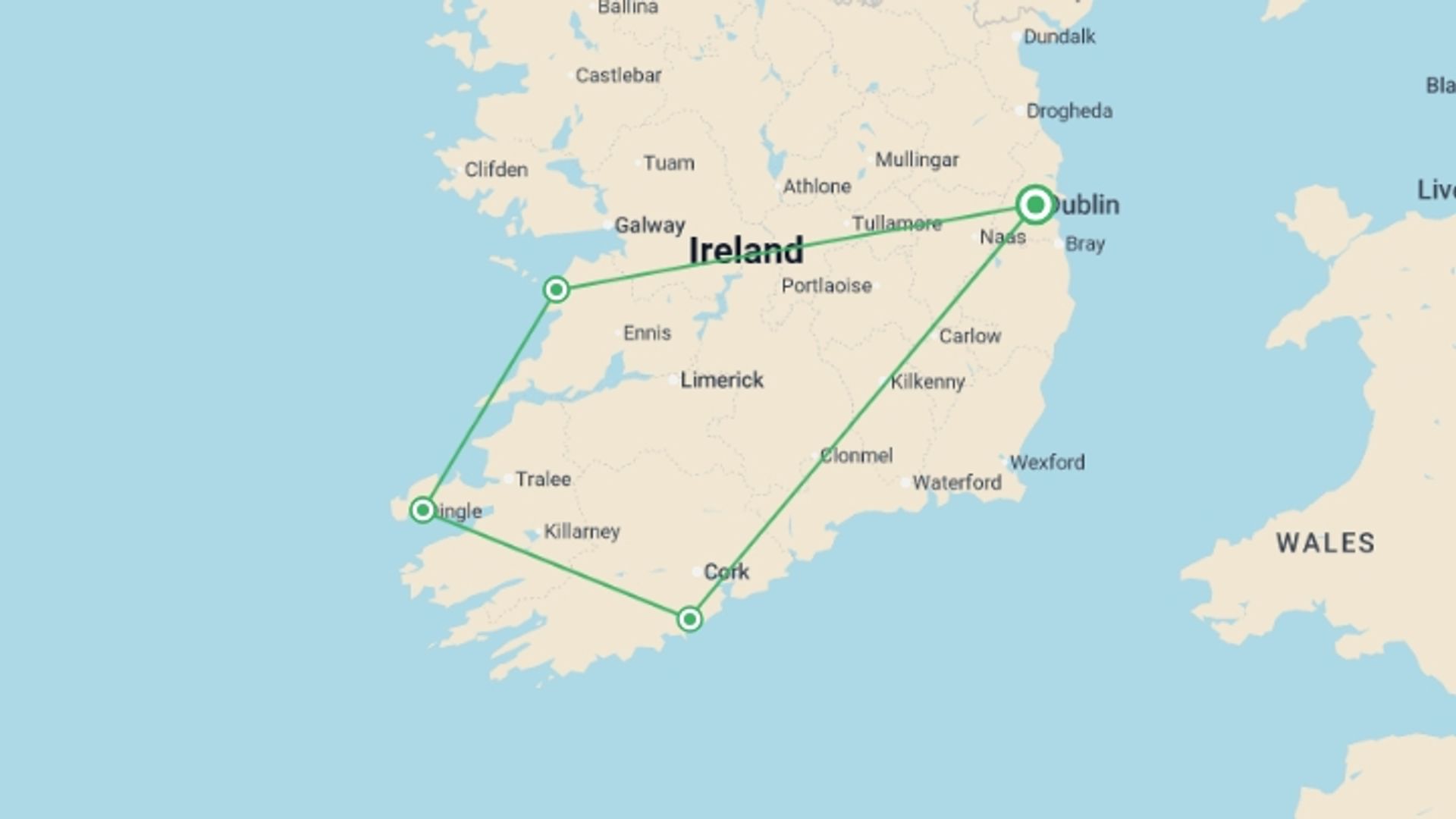 A map showing the tour itinerary for the trip: Super South Ireland - 5 days, starting in Dublin, Ireland and ending in Dublin, Ireland going through 3 other destinations.