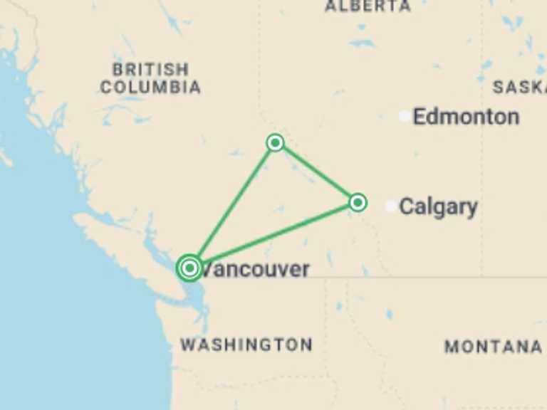 Map itinerary of Canada Tour in October 2026 with 4 destination visits for the trip: Vancouver, Banff & Rockies Summer - 5 days