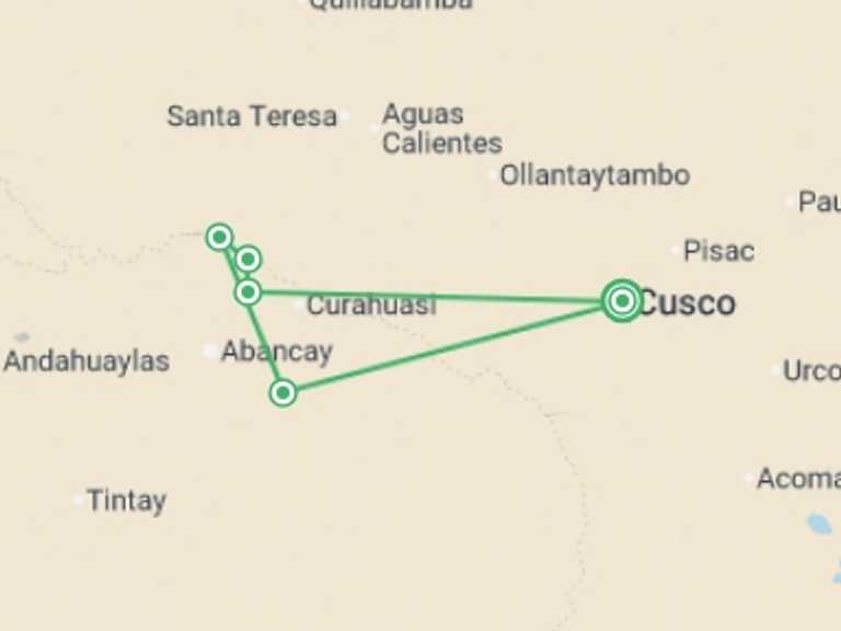 Map of 4-Day Cusco Tour with 4 destination visits for the trip: Choquequirao Trek 4D/3N