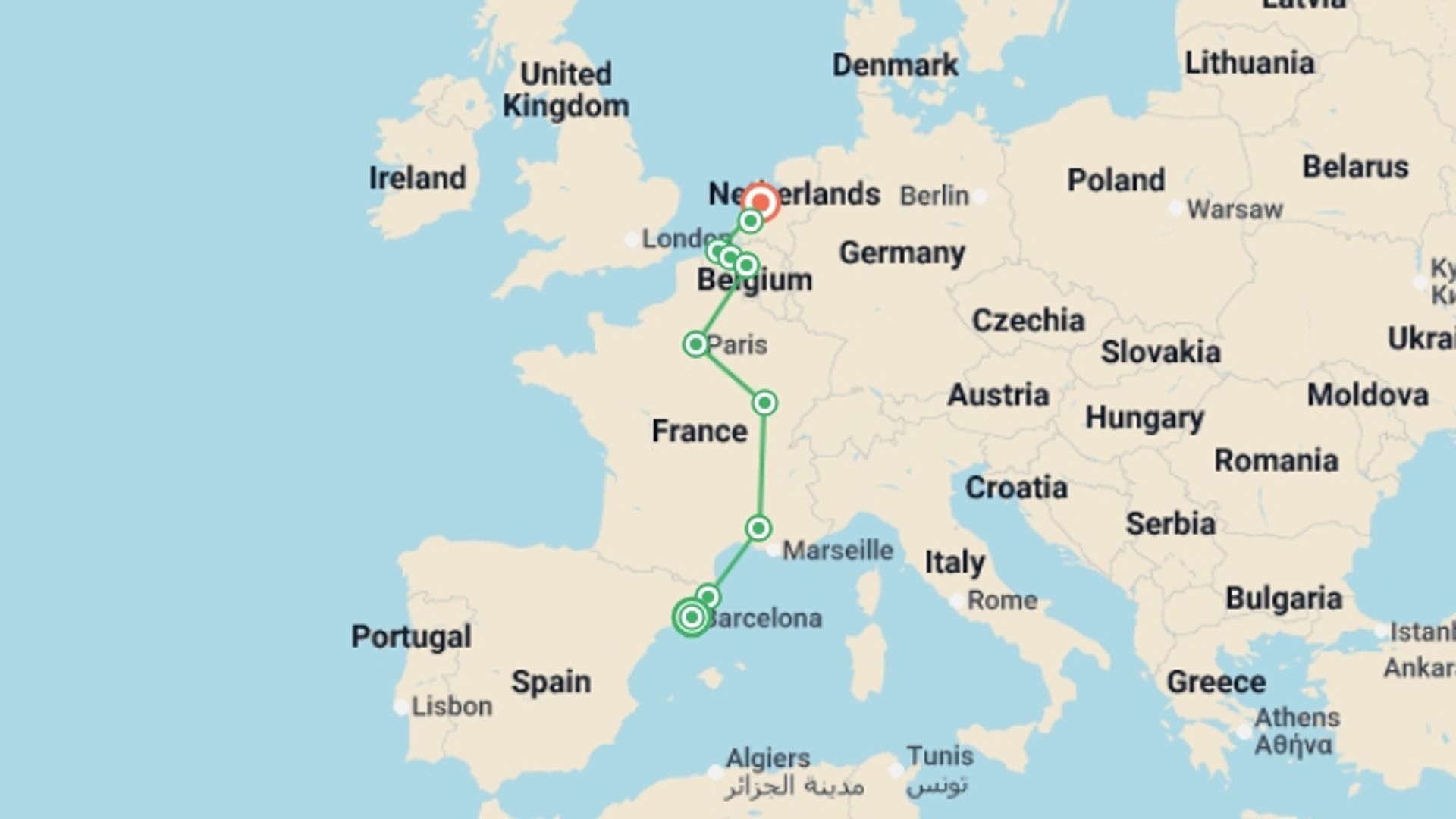 A map showing the tour itinerary for the trip: Barcelona to Amsterdam, starting in Barcelona, Spain and ending in Amsterdam, Holland going through 8 other destinations.