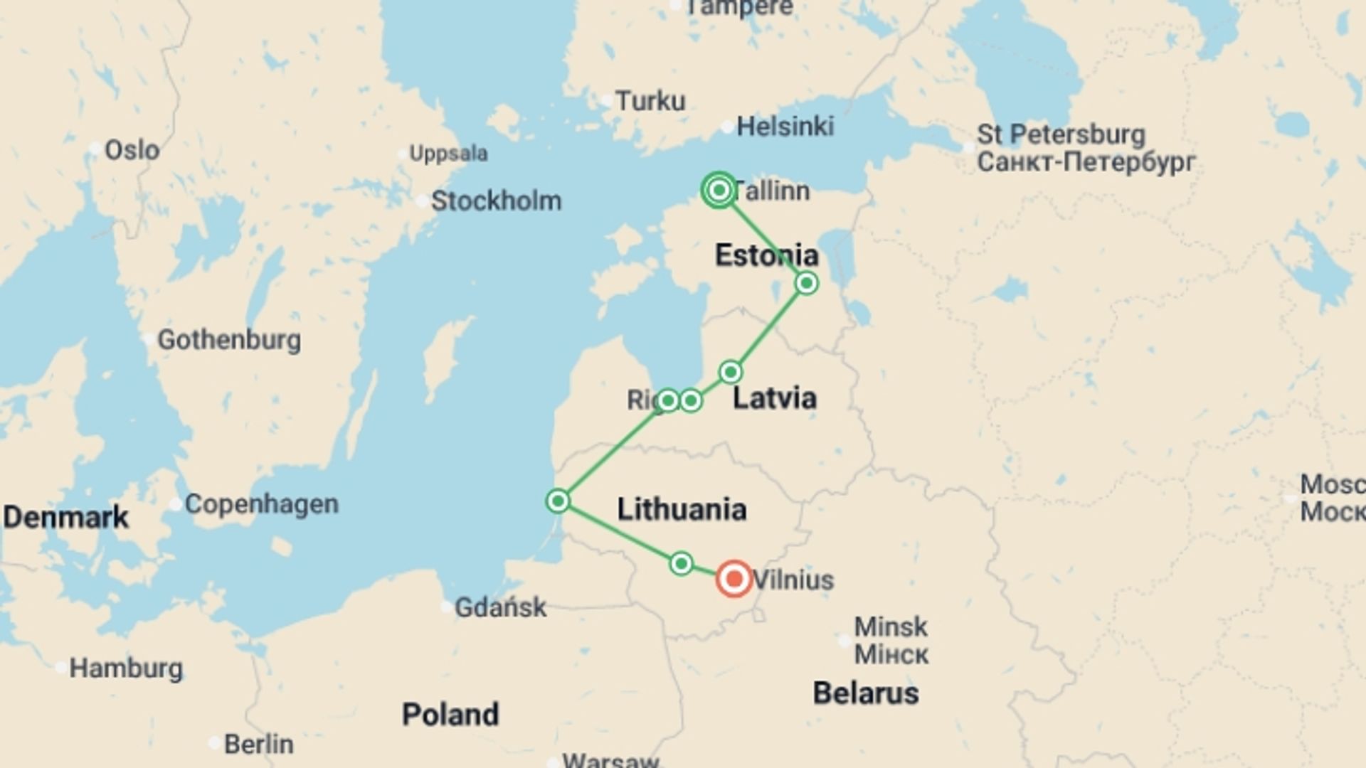 A map showing the tour itinerary for the trip: Discover the Baltics, starting in Tallinn, Estonia and ending in Vilnius, Lithuania going through 6 other destinations.