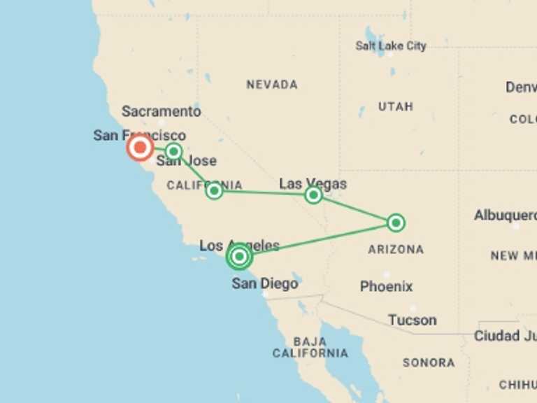 Map of Los Angeles Adventure Tour with 6 destination visits for the trip: Best of the West