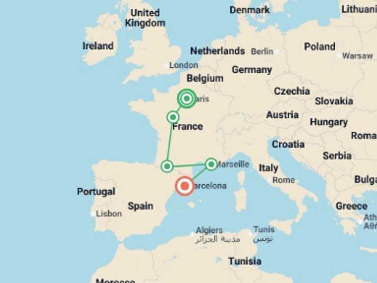 Map of Paris Cultural, religious and historic sites Tour with 5 destination visits for the trip: Paris, Lourdes, Côte d Azur, Provence and Barcelona