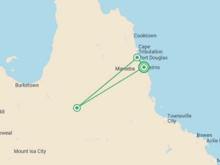 Map of Oceania Tour with 3 destination visits for the trip: Daintree Rainforest Discovery - 3 days