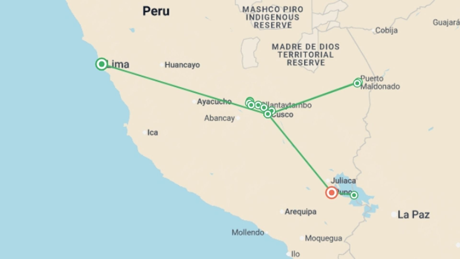 A map showing the tour itinerary for the trip: Best of Peru, starting in Lima, Peru and ending in Puno, Peru going through 10 other destinations.