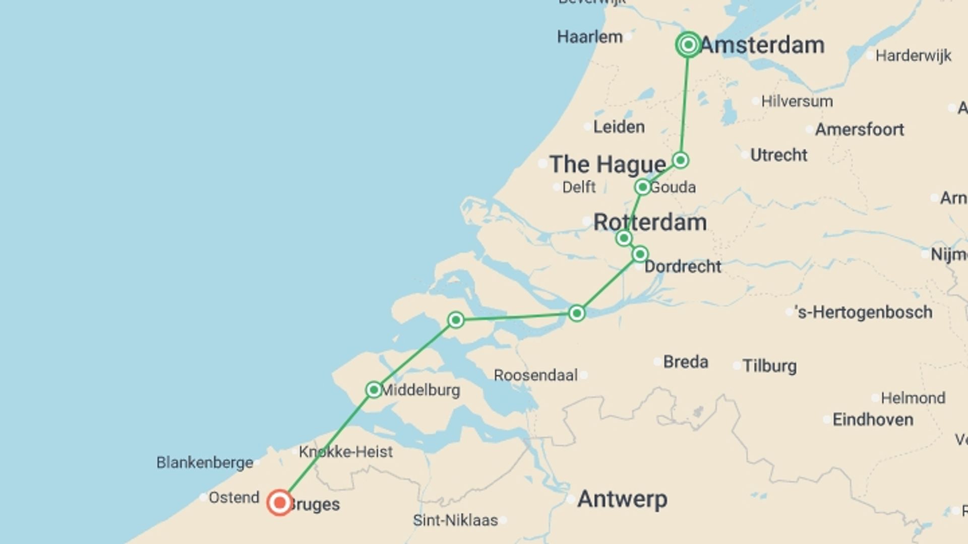 A map showing the tour itinerary for the trip: Cycle Amsterdam to Bruges, starting in Amsterdam, Holland and ending in Bruges, Belgium going through 6 other destinations.