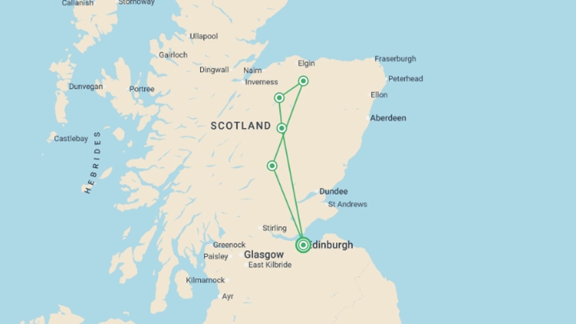 A map showing the tour itinerary for the trip: Scotland Whisky Trail - 3 days, starting in Edinburgh, Scotland and ending in Edinburgh, Scotland going through 2 other destinations.