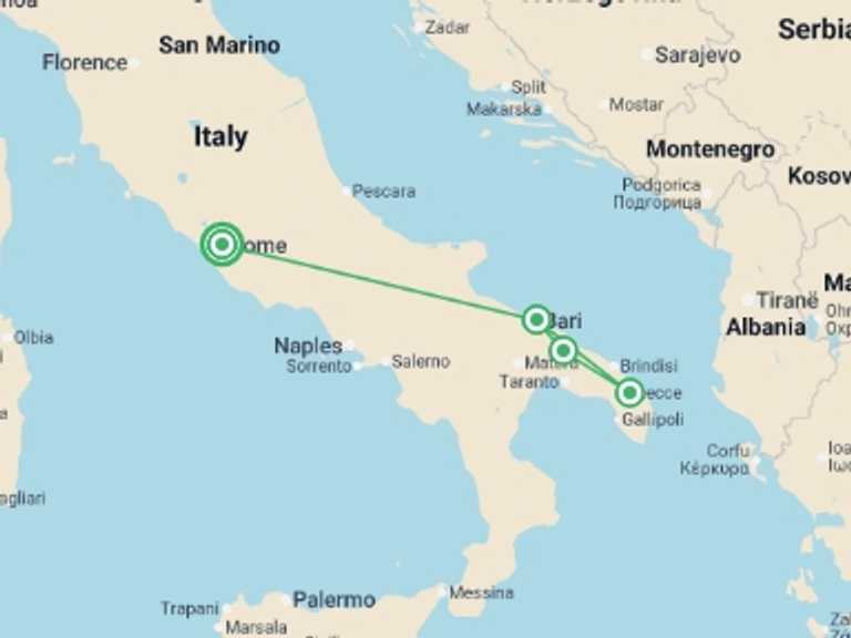 Map itinerary of Bari Tour in November 2026 with 4 destination visits for the trip: Highlights of Puglia from Rome - 11 days 
