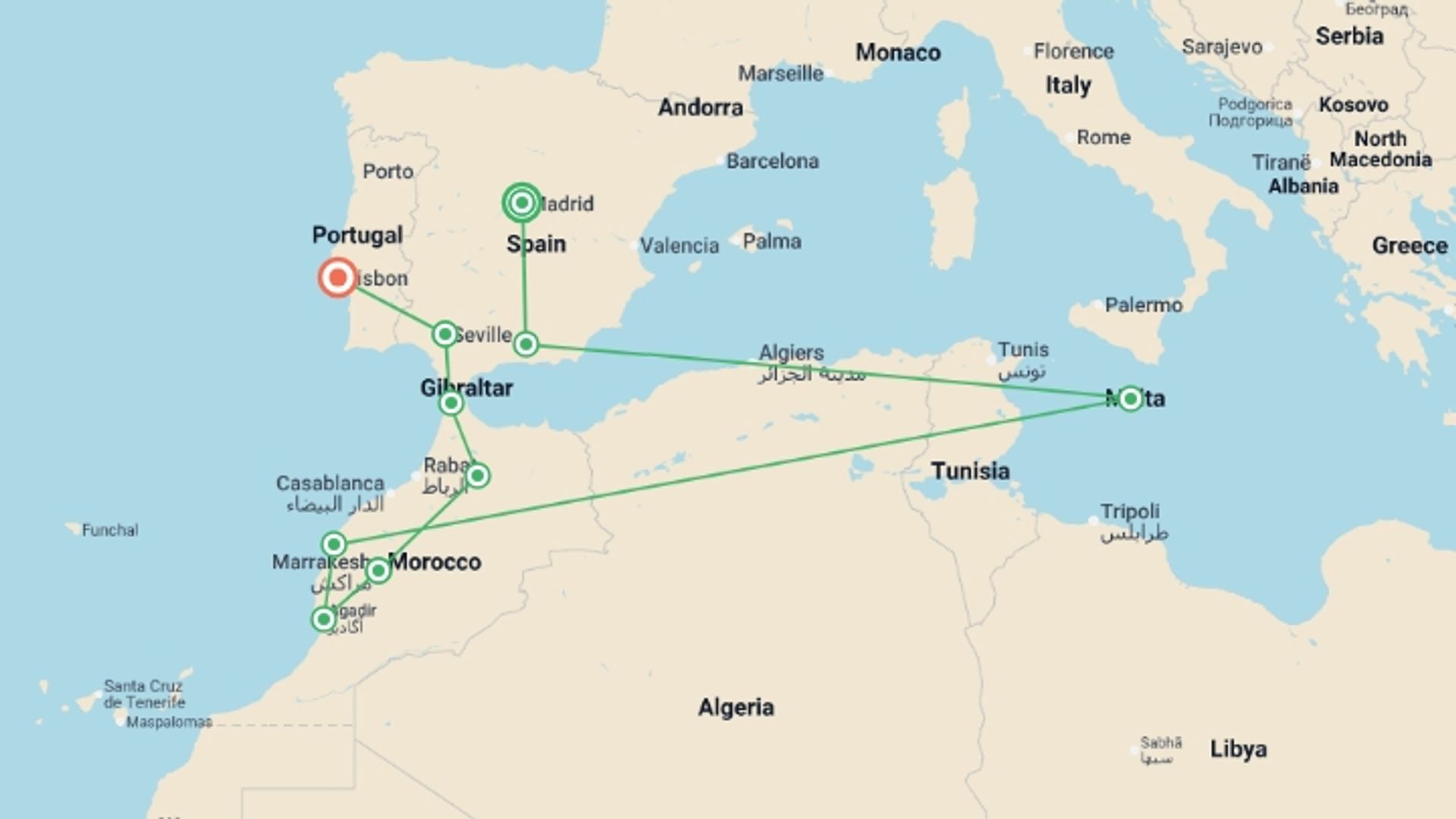 A map showing the tour itinerary for the trip: Andalusia, Lisbon and Moroccan Capitals, starting in Madrid, Spain and ending in Lisbon, Portugal going through 8 other destinations.