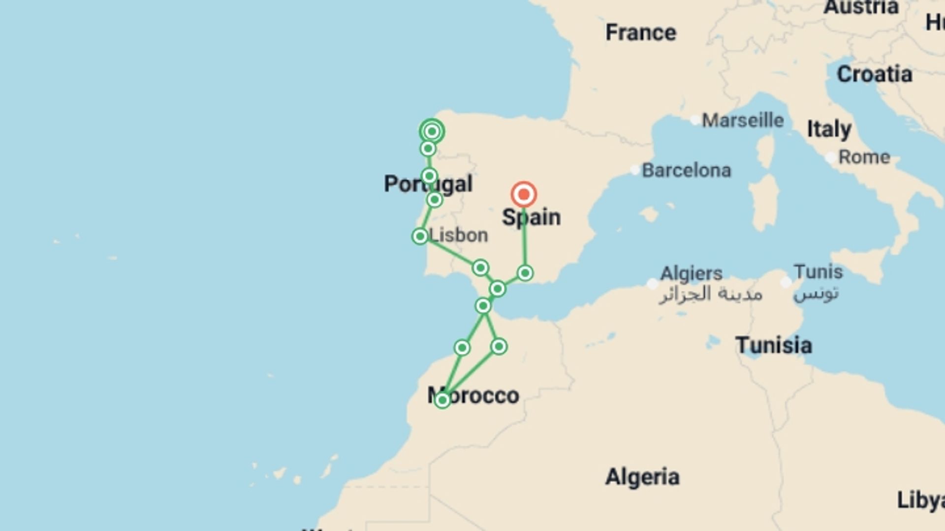 A map showing the tour itinerary for the trip: Santiago to Portugal, Morocco & Madrid - 19 days, starting in Santiago De Compostela, Spain and ending in Madrid, Spain going through 11 other destinations.