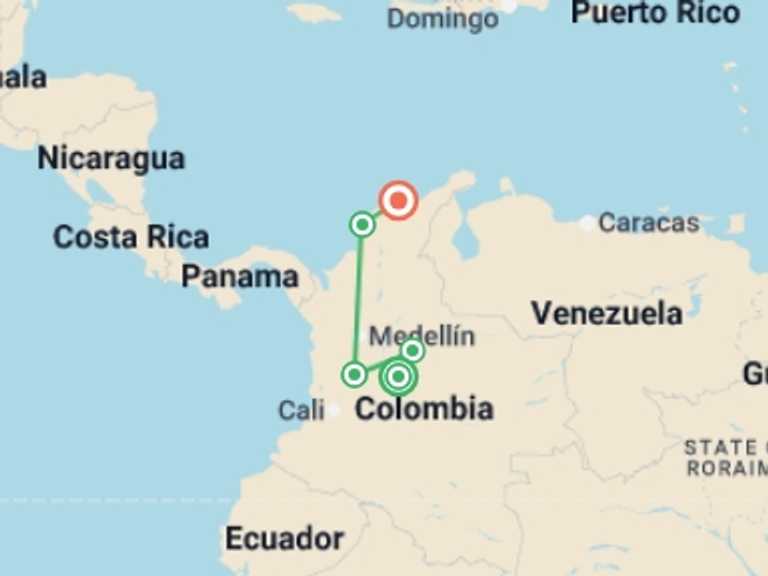 Map of South America Tour with 5 destination visits for the trip: Bogota to Tayrona - 10 days