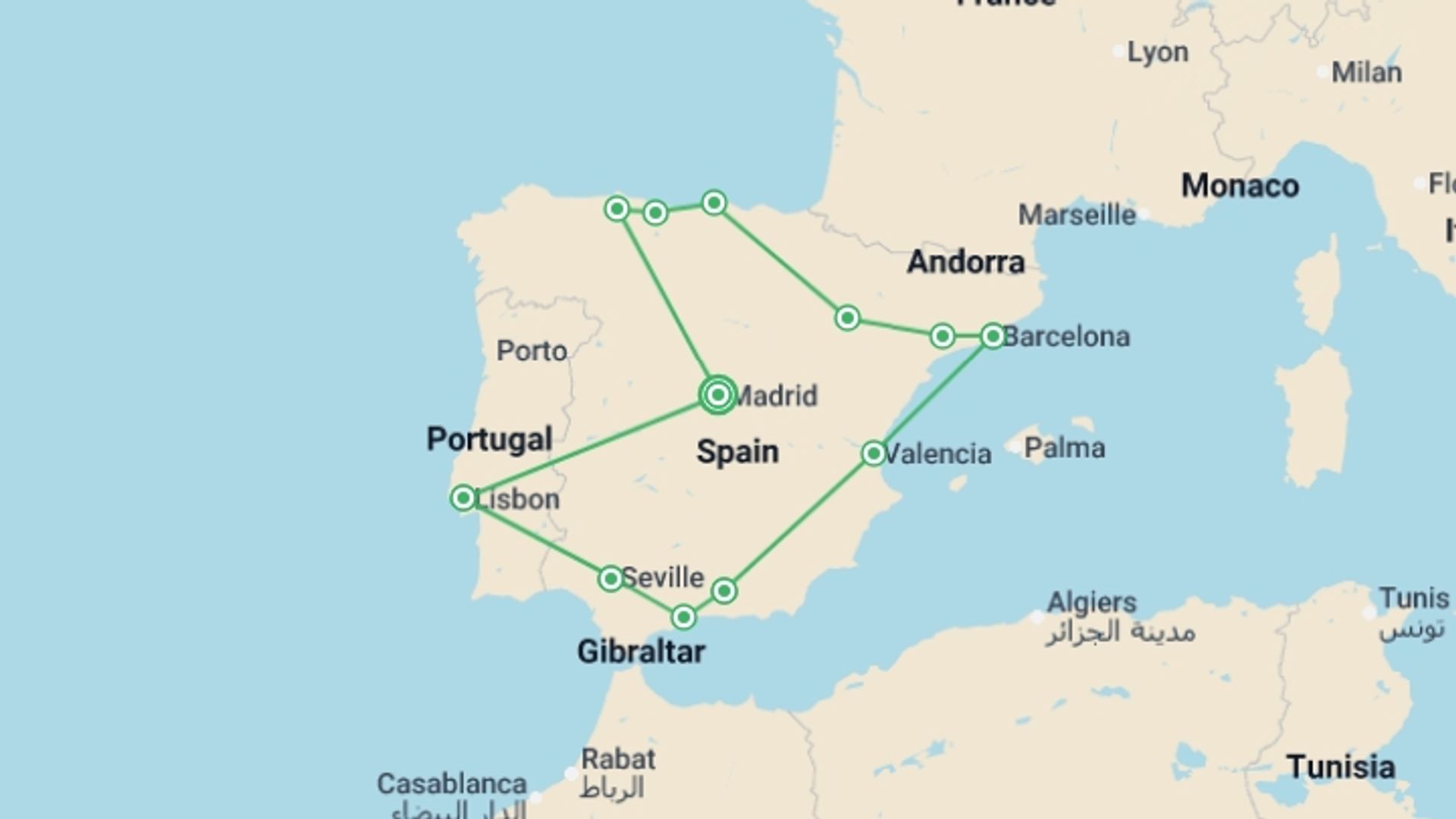 A map showing the tour itinerary for the trip: Iberian Holidays, starting in Madrid, Spain and ending in Madrid, Spain going through 8 other destinations.