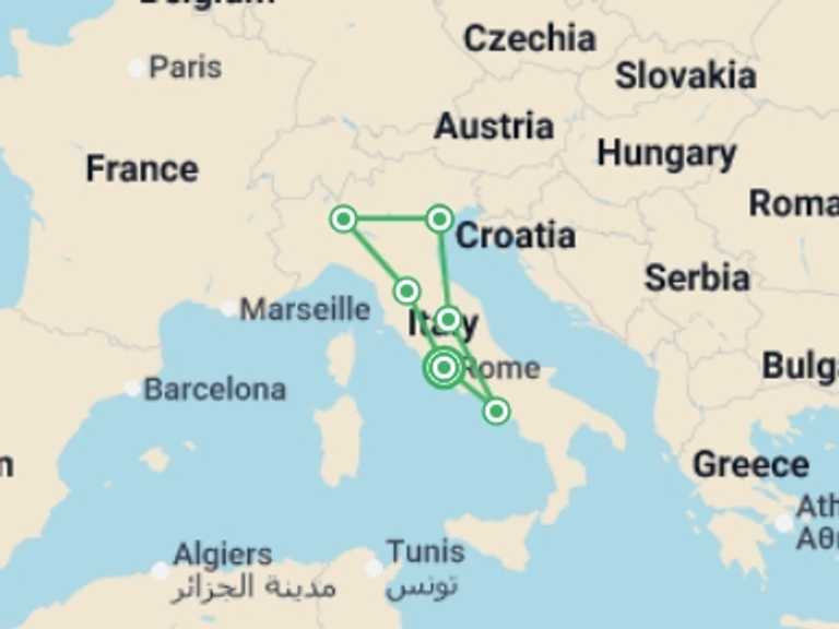 Map itinerary of Europe Tour in Fall with 6 destination visits for the trip: Italian Scene