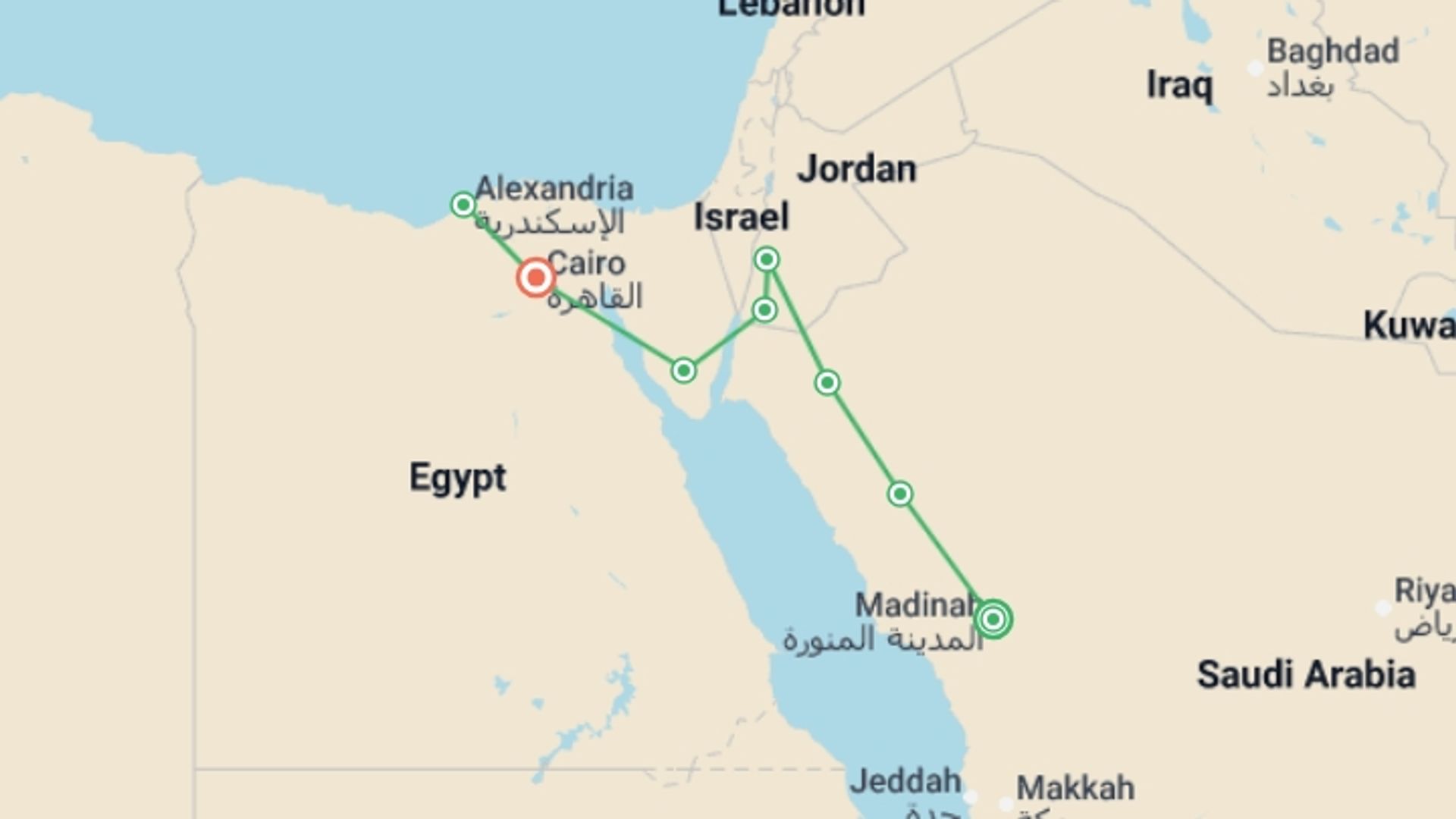 A map showing the tour itinerary for the trip: Contrasts of Arabia, Jordan, Cairo and Alexandria, starting in Medina, Saudi Arabia and ending in Cairo, Egypt going through 6 other destinations.